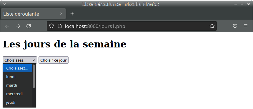 Les jours de la semaine sous forme de liste déroulante