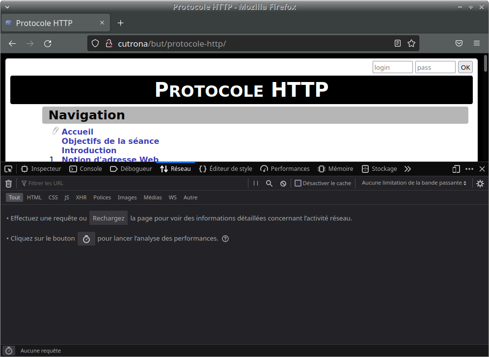 visualisation des échanges HTTP dans la barre de développement du navigateur, absence d'échanges affichés