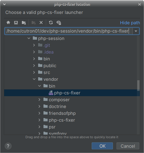 Localisation du programme php-cs-fixer dans le répertoire vendor/bin du projet