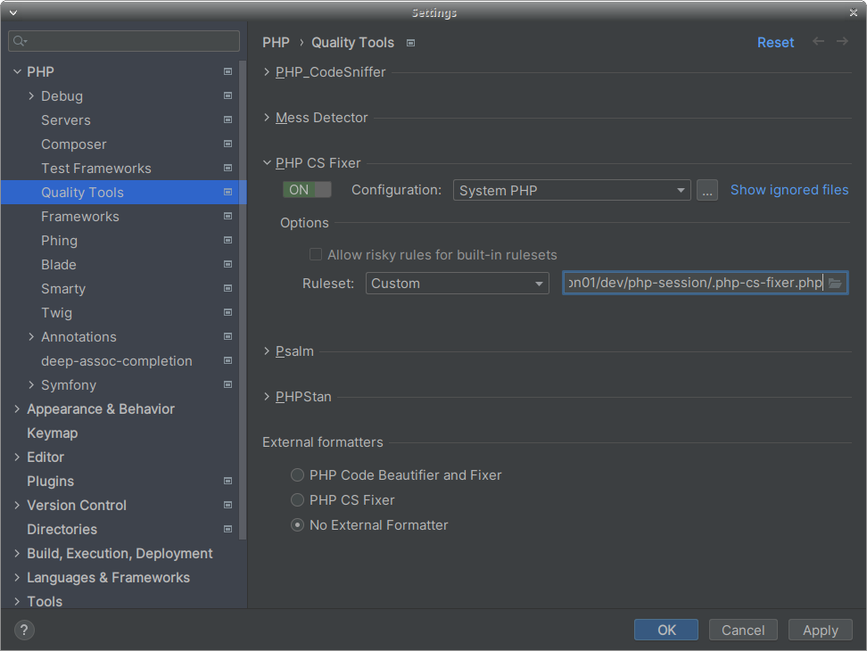 Réglages de PHP CS Fixer dans les préférences de PhpStorm