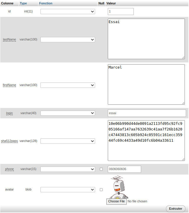 Visualisation d'un enregistrement de la table user avec l'image de l'avatar