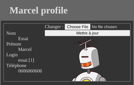 Capture d'écran du profil de l'utilisateur avec son avatar et le formulaire pour le modifier