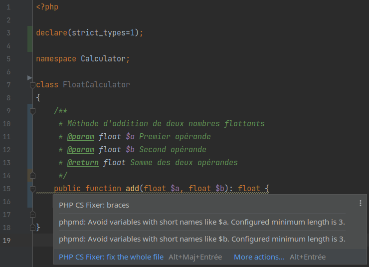 PhpStorm cs-fixer check code message