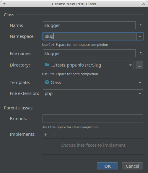 PhpStorm create class details