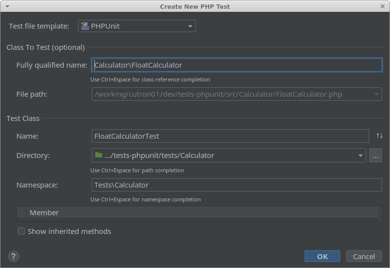 PhpStorm create test details