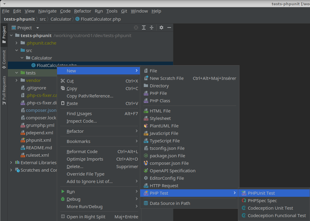 PhpStorm create test