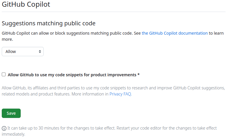 Préférences de GitHub Copilot