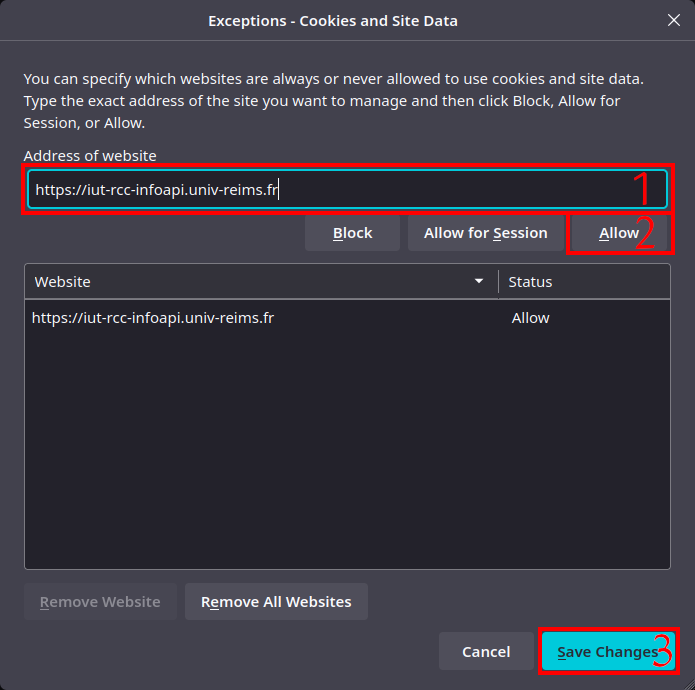 Configuration de l'exception de gestion de cookie