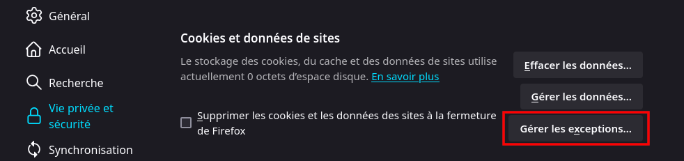 Configuration de l'exception de gestion de cookie