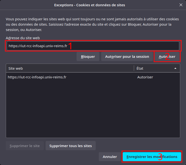 Configuration de l'exception de gestion de cookie